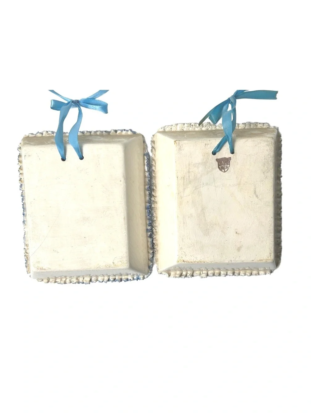 Vintage Ceramic Man and Woman Wall Hanging Plaques with Blue Ribbon